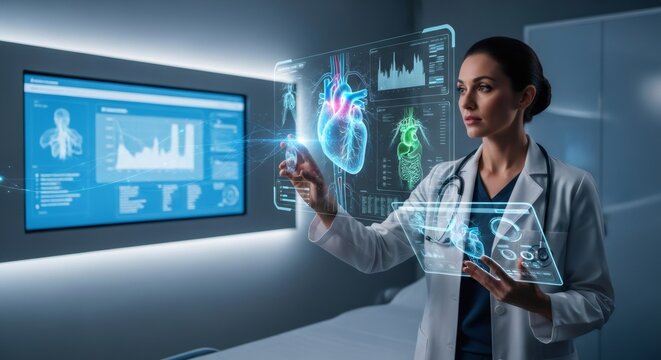 Woman doctor using futuristic medical technology with virtual heart analysis. AI in healthcare for diagnostics.