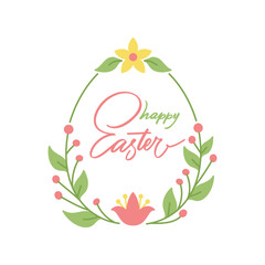 Happy Easter lettering in egg shape frame. Floral border with green foliage, blossom flower crown leaves, red berries, spring lettering. Holiday congrats handwriting script botanical greeting template