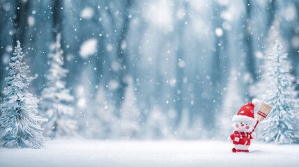 Happy Snowman in Christmas Landscape &ndash; Red-Hatted, Broom-Carrying, Amid Falling Snowflakes, Pine Trees & Snowy Forest, Sparkling with Festive Warmth in High-Resolution Magic