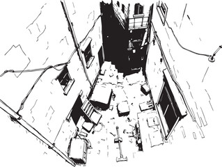 Obraz premium Gloomy urban alleyway, back streets. Hand drawn vector illustration 
