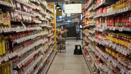 Blurred view of grocery store aisle with defocused shelves and products, featuring a woman in the background, illuminated by bright lights in a bustling shopping environment.