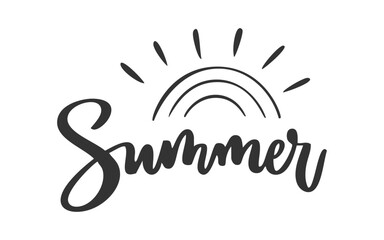 Handwritten Summer word in black ink below half sun symbol, curved rays rising above text, bold playful casual brush stroke lettering, warm vibe minimal monochrome design, seasonal sunny mood concept