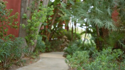 Blurred tropical garden path with lush greenery and palm trees in a luxury resort setting, featuring a defocused, tranquil outdoor ambiance ideal for relaxation.