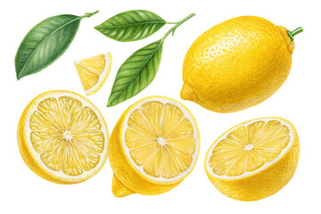 Fototapeta premium Fresh and vibrant yellow lemons with green leaves cut in halves and slices for delicious food art
