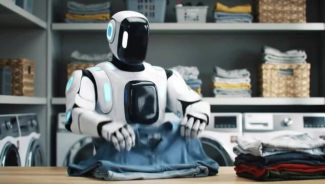 Futuristic AI robot folding laundry in modern utility room with washing machines, organized shelves and folded clothes at home for automation, convenience and smart home technology