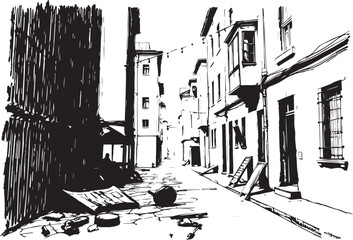 Gloomy urban alleyway, back streets. Hand drawn vector illustration	