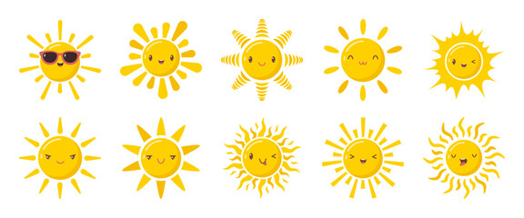 Cartoon sun icon set with emoji, smiling symbol of cute solar character, sunlight sign, happy mood funny face, emotional star sketch with various ray, warm face shapes shining badge, daylight object