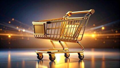 An elegant golden shopping cart shines with a glowing effect against a backdrop of colorful, high-speed motion blur.