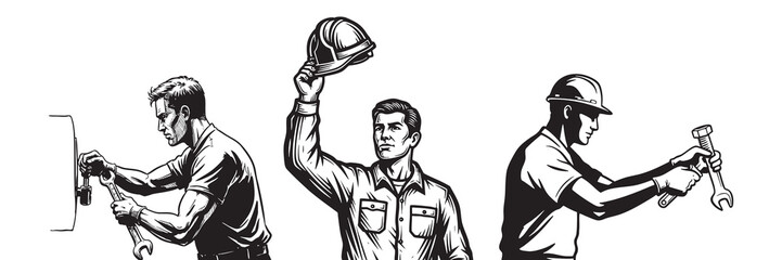 Construction Workers Illustration Hardhat Engineering Teamwork Building Black and White silhouette