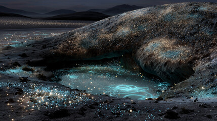 An otherworldly crater illuminated by glowing preservation symbols beneath a meteor shower.