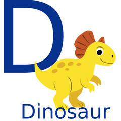 Colorful alphabet illustration featuring the letter “D” and a cute, smiling yellow dinosaur with orange plates, designed for children’s learning and educational materials
