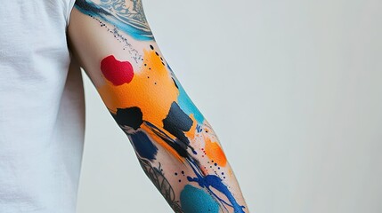 Abstract tattoo sleeve with dynamic splashes and shapes.