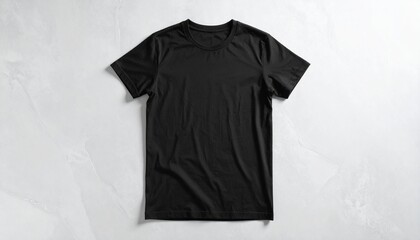 Classic black cotton t-shirt flat lay mockup, a blank apparel template isolated on a textured white background for your design. © rizqiono