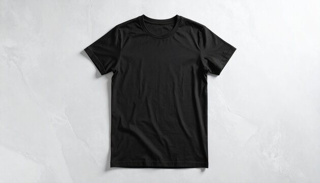Classic black cotton t-shirt flat lay mockup, a blank apparel template isolated on a textured white background for your design.