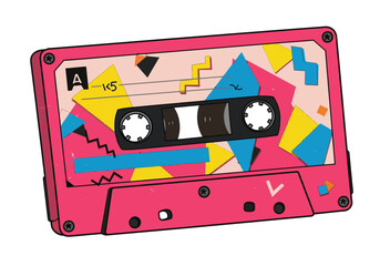Naklejka premium Retro Cassette Tape with Geometric Design in Pink and Yellow