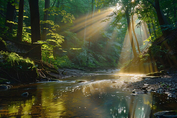 Magical forest stream with golden sunlight rays piercing through trees in a serene nature landscape
