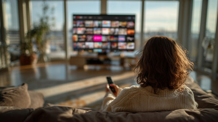 A woman sits on a cozy sofa in a sunlit modern apartment, holding a remote and watching a large TV screen filled with streaming options, bathed in the warm glow of sunset