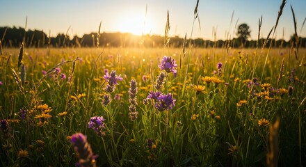 Golden Hour Sunset Over a Wildflower Meadow, Vibrant Summer Field Landscape