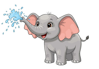 Cartoon Elephant Spraying Water with Trunk
