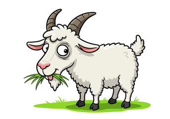 Cartoon Goat Eating Grass on Green Patch