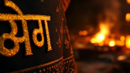 golden devotion bhakti script embroidery fire background ritual