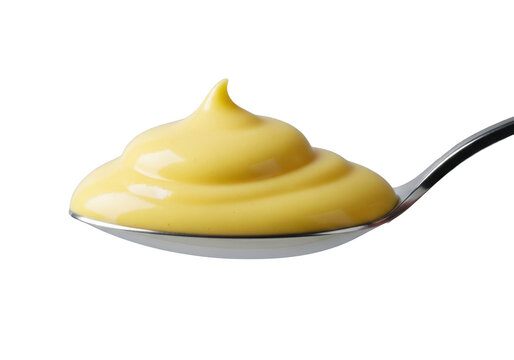 Polished silver tablespoon with generous scoop of vibrant pale yellow, creamy, glossy Hollandaise sauce on a clean transparent background, studio lit, concept of culinary perfection