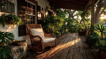 Obraz premium Waterfront porch with bamboo rocking chair comfort high resolution picture
