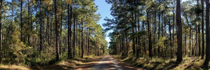 Georgia Pine Trees. Forest Landscape with Riding Path on a Beautiful Autumn Day