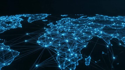 Global Network Connections - A digital video of a vast, interconnected network of glowing nodes and lines expanding across a world map. The blue light represents data flow and global connectivity. - Powered by Adobe