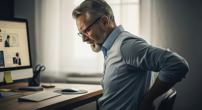 An older man is hunched over in pain, clutching his lower back, at his office desk. This image evokes the struggle against physical distress