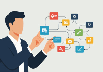 Professional businessman managing and optimizing a digital business workflow, illustrating concepts of data processing, process automation, system integration, and efficient corporate strategy.