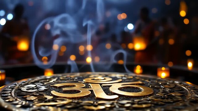 sacred om symbol with incense smoke and bokeh lights