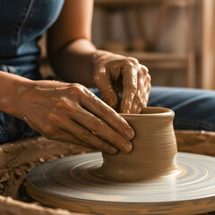 A potter shaping clay on a spinning wheel with hands covered in clay in a workshop setting indoors