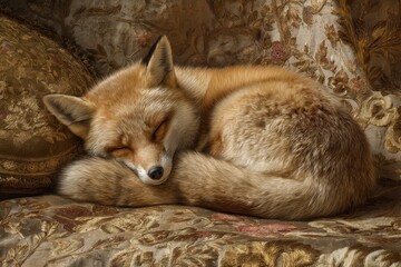 Cozy Fox Nap: A fox curled up, sleeping peacefully on an ornate patterned sofa, bathed in soft, warm light. A picture of tranquility.