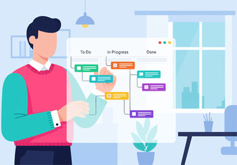 Man Presenting a Workflow Diagram Illustrating Task Management and Project Progress