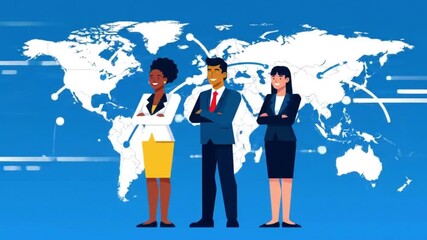 A diverse team of business professionals stands confidently before a global map, symbolizing international collaboration and worldwide connectivity. - Powered by Adobe