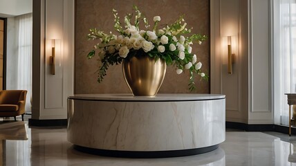 A gold vase filled with white flowers on a marble table in a luxurious interior setting with sconces