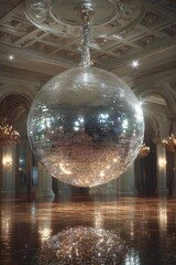 Obraz premium Giant Disco Ball in Ornate Ballroom with Reflected Lights on Polished Wood Floor