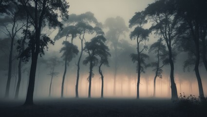 Dense forest at dawn with misty trees and foggy atmosphere. Nature and wilderness scene. The concept of forest and natural environment.