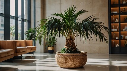 Fototapeta premium A potted palm tree in a lobby with seating and a bookcase against a neutral wall backdrop setting