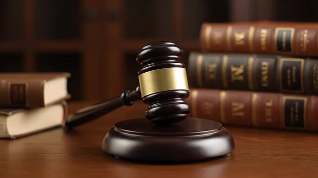 Gavel and Law Books on Wooden Table - A wooden gavel rests on a polished wooden table, next to a stack of law books.