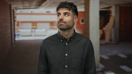 Man smiles showing face against unfinished brick wall inside building under construction;...