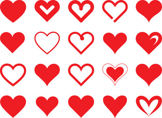 Heart icon set with 20 unique red and white designs—solid, outlined, patterned, and arrowed hearts in grid layout