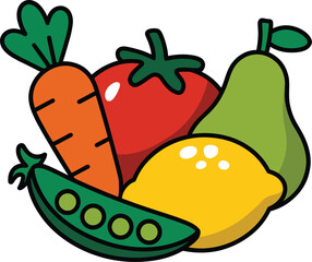 Cartoon fruits and vegetables vector with carrot, tomato, lemon, pear and pea pod in bold outline and colorful style