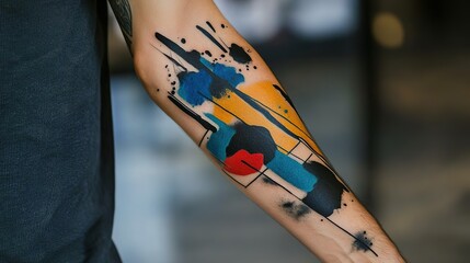 Abstract tattoo sleeve with dynamic splashes and shapes.