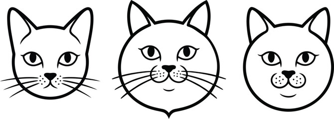 Black and white cat face vector set with expressive features and bold outlines in minimal hand drawn cartoon illustration style