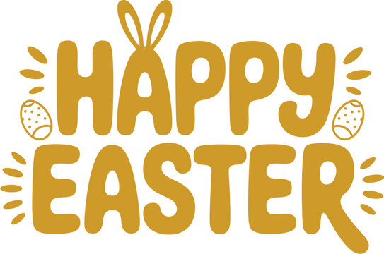 Happy Easter vector with bold yellow text, bunny ears, decorative eggs and festive elements for spring celebration design