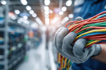 Gloved technician holding colorful network cables in industrial server room