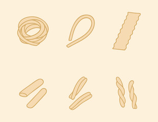 Variety of noodle shapes ribbons loops sticks and twists