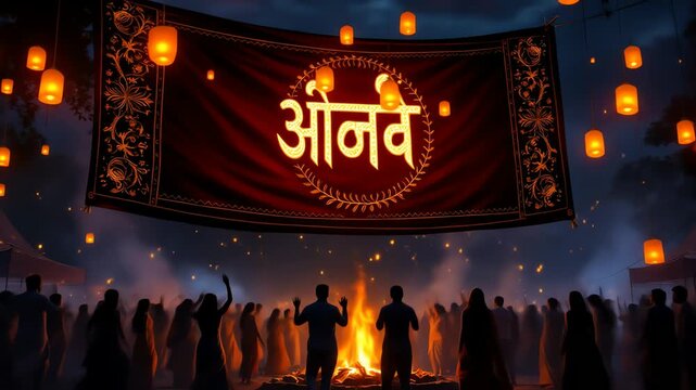 vibrant cultural festival with bonfire and sky lanterns